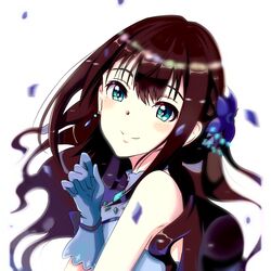  bad_id bad_pixiv_id blue_eyes blue_flower blue_gloves brown_hair commentary_request earrings female floating_hair flower from_side gloves hair_between_eyes hair_flower hair_ornament idolmaster idolmaster_cinderella_girls jewelry long_hair looking_at_viewer petals shibuya_rin shiki_(0802makimari) simple_background sleeveless smile solo upper_body white_background 