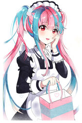  :d alternate_costume apron bag bang_dream! blue_hair blush commentary enmaided female hair_bobbles hair_ornament hand_on_own_cheek hand_on_own_face holding holding_bag kongya long_hair long_sleeves looking_at_viewer maid maid_headdress multicolored_hair neck_ribbon nyubara_reona open_mouth pink_hair red_eyes ribbon sidelocks smile solo symbol-only_commentary twintails two-tone_hair upper_body very_long_hair white_apron white_background white_ribbon 