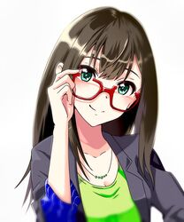  bad_id bad_pixiv_id bespectacled blazer blurry breasts brown_hair cleavage collarbone commentary_request eyes_visible_through_eyewear female glasses green_eyes green_shirt head_tilt highres idolmaster idolmaster_cinderella_girls jacket jewelry long_hair long_sleeves looking_at_viewer medium_breasts necklace open_clothes open_jacket red-framed_eyewear shibuya_rin shiki_(0802makimari) shirt simple_background smile solo upper_body white_background 