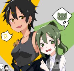  3girls :d :o absurdres anemanta_(character) ao_no_kitsune bad_id bad_pixiv_id black_hair blush breasts cleavage crescent crescent_earrings dark-skinned_female dark_skin earrings feline green_eyes green_hair highres igarashi_futaba_(shiromanta) jewelry kurobe_natsumi_(shiromanta) looking_at_viewer multiple_girls oerba_yun_fang open_mouth ponytail senpai_ga_uzai_kouhai_no_hanashi shiromanta_(character) short_hair sidelocks smile speech_bubble standing tan upper_body yellow_eyes 