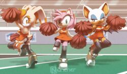  2019 absurd_res amy_rose anthro backless_clothing backless_dress bat cheerleader clothed clothing cream_the_rabbit dress eulipotyphlan female group halterneck hedgehog hi_res huge_filesize lagomorph legwear leporid looking_at_viewer mammal nancher panties panty_shot pom_poms rabbit rouge_the_bat scut_tail sega short_tail smile sonic_the_hedgehog_(series) stadium tail tail_under_skirt tail_upskirt thigh_highs thin_legs thin_thighs trio underwear upskirt white_clothing white_panties white_underwear wings 