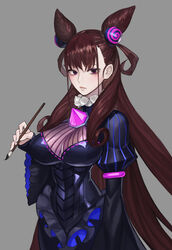  arm_at_side bad_id bad_pixiv_id black_dress breasts brown_hair closed_mouth cone_hair_bun cowboy_shot curly_hair double_bun dress expressionless fate/grand_order fate_(series) female frills gem grey_background hair_between_eyes hair_bun hair_ornament highres holding holding_paintbrush large_breasts long_hair long_sleeves looking_at_viewer murasaki_shikibu_(fate) paintbrush puffy_sleeves purple_eyes simple_background solo standing striped_clothes striped_dress tamidro two_side_up vertical-striped_clothes vertical-striped_dress very_long_hair wide_sleeves 