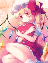  bare_legs blonde_hair bow commentary_request crystal feet_out_of_frame female flandre_scarlet frilled_pillow frills gengetsu_chihiro hat hat_bow heart heart-shaped_pillow holding holding_pillow hugging_object long_hair miniskirt mob_cap one_side_up petticoat photoshop_(medium) pillow pleated_skirt puffy_short_sleeves puffy_sleeves red_bow red_eyes red_skirt red_vest shirt short_sleeves sitting skirt skirt_set socks solo star_(symbol) thighs touhou vest white_hat white_shirt white_socks wings yes yes-no_pillow 