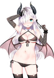  :o aqua_eyes arm_up armpits bangs bare_shoulders bikini black_bikini black_legwear breasts cameltoe cleavage collarbone commentary_request cowboy_shot criss-cross_halter demon_girl demon_horns demon_wings detached_collar elbow_gloves female front-tie_bikini front-tie_top gloves gluteal_fold grey_gloves hair_over_one_eye halterneck hand_up horns kamiki_kinu kinu_channel large_breasts long_hair looking_at_viewer navel parted_lips side-tie_bikini simple_background solo standing stomach swimsuit thighhighs thighs virtual_youtuber white_background white_hair wings yasuyuki 