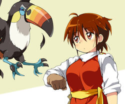  :/ ahoge breasts brown_gloves brown_hair closed_mouth colt_(monster_farm) commentary_request crossover feathers female glaring gloves hair_between_eyes large_breasts monster_farm n36hoko pokemon pokemon_(creature) red_eyes sash short_hair sleeves_rolled_up toucannon upper_body 