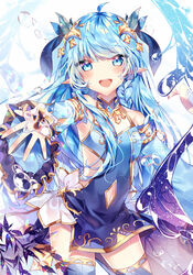  ahoge blue_eyes blue_hair blush breasts cleavage clothing_cutout commentary_request cowboy_shot dragon_girl dragon_horns female frilled_sleeves frills hand_up highres horns king&#039;s_raid lilia_(king&#039;s_raid) long_hair long_sleeves looking_at_viewer navel navel_cutout open_mouth outstretched_arm pointy_ears ribbon sidelocks small_breasts smile solo standing star_(symbol) tail taya_oco wide_sleeves 