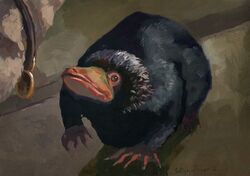  2018 black_body black_fur brown_eyes collar fantastic_beasts_and_where_to_find_them feral fur mammal niffler painting satynapaper signature simple_background solo standing traditional_media_(artwork) 