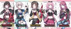  5girls :d :o afterglow_(bang_dream!) aoba_moca aqua_jacket bang_dream! bass_guitar belt beret between_legs black_choker black_gloves black_hair black_headwear black_ribbon black_shirt blue_eyes blue_shirt bob_cut brown_eyes brown_hair character_name choker clenched_hand clothes_around_waist commentary_request crop_top cross-laced_clothes denim drumsticks electric_guitar fingerless_gloves fishnet_pantyhose fishnets garter_straps gloves green_eyes grey_hair group_name guitar hair_ribbon hand_between_legs hat hazawa_tsugumi highres holding holding_instrument holding_microphone instrument invisible_chair jacket jeans jewelry keytar long_hair long_sleeves looking_at_viewer low_twintails microphone midriff mitake_ran multicolored_hair multiple_girls navel nennen open_mouth pants pantyhose pendant pink_hair pink_jacket pink_skirt plaid plaid_shirt pleated_skirt raglan_sleeves red_eyes red_hair red_jacket red_shirt ribbon shirt shirt_around_waist short_hair short_shorts shorts single_fingerless_glove sitting skirt smile streaked_hair striped_clothes striped_shirt thigh_strap thighhighs twintails udagawa_tomoe uehara_himari v-shaped_eyebrows vertical-striped_clothes vertical-striped_shirt yellow_jacket yellow_shirt 