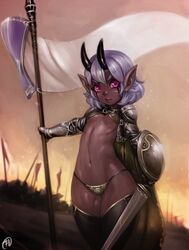  absurdres armor banner battlefield bikini breasts cape cowboy_shot dark-skinned_female dark_skin female filemonte gauntlets green_cape highres holding horns looking_at_viewer makeup original outdoors pink_eyes pointy_ears purple_hair shield short_hair shoulder_armor solo standing swimsuit sword thick_thighs thighhighs thighs underboob weapon 