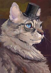  2019 ambiguous_gender blue_eyes clothing eyewear felid feline feral fur glasses hat headgear headwear hi_res mammal satynapaper simple_background solo traditional_media_(artwork) white_body white_fur 