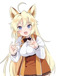  ahoge animal_ears black_bow black_bowtie blonde_hair blue_eyes blush bow bowtie breasts brown_skirt buttons commentary_request double_fox_shadow_puppet fake_animal_ears female fox_shadow_puppet hair_between_eyes hairband kohagura_ellen large_breasts long_hair long_sleeves looking_at_viewer open_mouth osafune_girls_academy_school_uniform pleated_skirt school_uniform shirt simple_background skirt smile solo standing takano_natsuki toji_no_miko vest white_background 