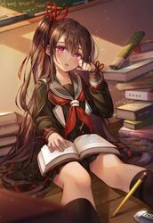  :o absurdres black_sailor_collar black_shirt black_skirt black_socks blurry blurry_foreground blush book book_stack brown_hair chalk chalkboard commentary_request dutch_angle eraser female hair_ribbon hand_up highres ika_(4801055) indoors jane_(king&#039;s_raid) king&#039;s_raid kneehighs light_particles long_hair long_sleeves looking_at_viewer miniskirt neckerchief on_floor one_side_up open_book parted_lips pencil pink_eyes pleated_skirt red_neckerchief red_ribbon ribbon sailor_collar school_uniform serafuku shirt sidelocks sitting skirt socks solo sunlight tears thighs very_long_hair wing_collar wooden_floor 