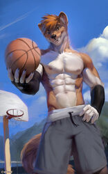  2019 abs adobe_photoshop_(artwork) anthro athletic basketball bottomwear brown_body brown_fur brown_hair chunie claws clothed clothing countershading detailed_background digital_media_(artwork) digital_painting_(artwork) front_view fur hair hand_on_hip hi_res looking_at_viewer male mammal matthew_silvius muscular muscular_anthro muscular_male mustelid musteline navel nipples outside pecs shorts sky smile solo teeth topless true_musteline v-cut weasel whiskers white_body white_countershading white_fur 