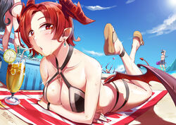  1boy 3girls abs ass ball beach beachball bikini black_bikini black_hair blue_sky blush bottle breasts cleavage cloud collarbone commentary_request cooler cup day demon_tail demon_wings drinking_glass drinking_straw earrings epis ezekiel_(king&#039;s_raid) food fruit highres horns ice ice_cube jewelry king&#039;s_raid lemon lemon_slice long_hair looking_at_viewer lying male_swimwear mountain multiple_girls nail_polish ocean on_stomach outdoors parasol photoshop_(medium) pointy_ears purple_bikini purple_nails red_eyes red_hair sandals shamilla shiroi_ume short_hair sky sun swim_trunks swimsuit tail towel umbrella very_long_hair viska_(king&#039;s_raid) wedge_heels wet wings 