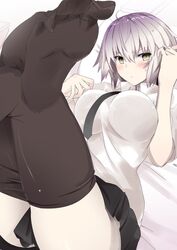  ahoge bad_feet black_necktie black_skirt blush breasts clothes_pull commentary_request content_rating cosplay crossed_legs dress dutch_angle fate/grand_order fate_(series) feet female grey_hair hair_between_eyes hand_in_own_hair highres jeanne_d&#039;arc_(fate) jeanne_d&#039;arc_(girl_from_orleans)_(fate) jeanne_d&#039;arc_(girl_from_orleans)_(fate)_(cosplay) jeanne_d&#039;arc_alter_(avenger)_(fate) jeanne_d&#039;arc_alter_(fate) large_breasts looking_at_viewer lying necktie no_shoes on_back pantyhose pantyhose_pull shirt short_hair skirt solo vane_(vane0) wet white_shirt yellow_eyes 