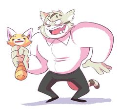  aggretsuko ailurid anthro bottomwear bullying clothed clothing digital_media_(artwork) duo felid feline fully_clothed fur grey_bottomwear grey_clothing grey_pants gums hi_res laugh male mammal manumaru markings open_mouth pallas&#039;s_cat pants plum_(artist) red_panda resasuke sanrio simple_background spots spotted_markings striped_body striped_fur stripes tan_body tan_fur teeth_showing tongue_showing white_background white_dress_shirt 