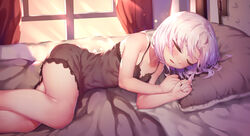  absurdres bad_id bad_pixiv_id bare_arms bare_shoulders bed black_dress blush breasts closed_eyes collarbone commentary_request curtains dress drooling facing_viewer female fingernails hands_up highres indoors lying on_bed on_side parted_lips pillow ray_(pixiv9514208) saliva sleeping sleeveless sleeveless_dress small_breasts solo sunset vittorio_veneto_(warship_girls_r) warship_girls_r white_hair window 