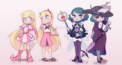  2girls alternate_costume arms_behind_back blonde_hair blue_eyes boots capelet commentary_request corrector_yui cosplay crescent dress earphones eclipsa_butterfly facial_mark gloves green_hair harukaze_doremi harukaze_doremi_(cosplay) hat heart high_heels highres long_hair looking_at_viewer magical_girl mameda_toofu multiple_girls ojamajo_doremi pantyhose parasol parted_bangs photoshop_(medium) pink_capelet pink_footwear pink_skirt purple_dress purple_eyes purple_gloves purple_legwear sandals school_uniform serafuku shinozaki_ai_(corrector_yui) shinozaki_ai_(corrector_yui)_(cosplay) short_hair skirt smile spade_(shape) star_butterfly star_vs_the_forces_of_evil twitter_username umbrella very_long_hair wand 