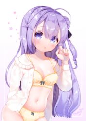  ahoge azur_lane bad_id bad_pixiv_id black_ribbon blush bow bow_bra bow_panties bra breasts closed_mouth collared_shirt commentary_request dress_shirt female fingernails gradient_background hair_between_eyes hair_bun hair_ribbon hand_up long_hair long_sleeves maeha navel no_pants one_side_up open_clothes open_shirt panties purple_background purple_eyes purple_hair ribbon shirt signature single_hair_bun single_side_bun small_breasts solo underwear unicorn_(azur_lane) very_long_hair white_background white_shirt yellow_bra yellow_panties 