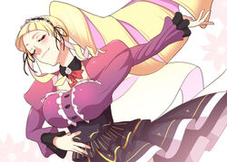  blonde_hair blunt_bangs blush breasts closed_eyes commentary_request deep_web_underground dekapoi dress drill_hair female hairband hand_on_own_hip lolita_hairband long_hair ponytail purple_hair shinsougumi smile solo virtual_youtuber 