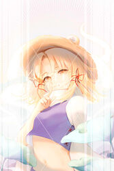  artist_name blonde_hair commentary_request crop_top dated female finger_to_mouth hair_ribbon hat index_finger_raised kyuri_tizu looking_at_viewer medium_hair midriff moriya_suwako red_ribbon ribbon solo touhou watermark yellow_eyes 