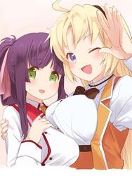  2girls ahoge arm_around_shoulder blonde_hair blue_eyes blunt_bangs blush bow breasts buttons collar commentary_request double-breasted folded_ponytail hair_ornament hair_ribbon hairband hand_on_another&#039;s_shoulder hand_on_own_chest holding kohagura_ellen large_breasts long_hair long_sleeves looking_at_viewer minoseki_gakuin_uniform multiple_girls one_eye_closed open_mouth osafune_girls_academy_school_uniform parted_bangs purple_hair red_collar ribbon school_uniform simple_background smile standing takano_natsuki toji_no_miko upper_body vest yanase_mai yellow_ribbon 