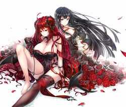  2girls ahoge artist_request bare_shoulders barefoot black_hair breasts cleavage double_bun erze_(king&#039;s_raid) flower king&#039;s_raid large_breasts long_hair medium_breasts multiple_girls purple_eyes red_eyes red_flower red_hair red_rose rose rose_(flower) seria_(king&#039;s_raid) shiny shiny_hair shiny_skin siblings single_thighhigh sisters skirt thighhighs very_long_hair 