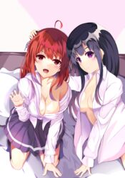  2girls ahoge artist_request bed black_hair blush breasts cleavage erze_(king&#039;s_raid) gradient_hair highres king&#039;s_raid large_breasts long_hair looking_at_viewer multicolored_hair multiple_girls no_bra oerba_yun_fang open_mouth purple_eyes purple_hair red_eyes red_hair seria_(king&#039;s_raid) shiny shiny_hair shiny_skin siblings sisters skirt smile very_long_hair 