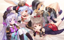  4girls absurdres animal_ears artist_request ass bare_shoulders blonde_hair blue_eyes blue_hair boots bow bunny_ears cape dress fox_ears gothic_lolita grey_hair hairbow hat headdress highres king&#039;s_raid lavril_(king&#039;s_raid) lolita_fashion long_hair looking_at_viewer luna_(king&#039;s_raid) lying multiple_girls on_stomach one_eye_closed open_mouth orange_eyes pantyhose ponytail purple_eyes red_eyes requina_(king&#039;s_raid) rodina_(king&#039;s_raid) shiny shiny_clothes shiny_hair silver_hair sitting skirt smile very_long_hair wink 