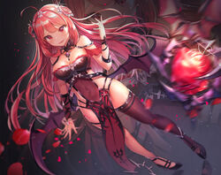  :d absurdres ahoge bare_shoulders black_background black_footwear blurry breasts brown_thighhighs cleavage commentary covered_navel demon_girl demon_wings depth_of_field double_bun dutch_angle erze_(king&#039;s_raid) female floating_hair hair_bun hair_intakes hair_ornament hand_up highres king&#039;s_raid large_breasts long_hair looking_at_viewer mecha_(alswp) motion_blur oerba_yun_fang open_mouth pelvic_curtain red_eyes red_hair revealing_clothes shoes single_thighhigh smile solo symbol-only_commentary thighhighs thighs very_long_hair wings zoom_layer 