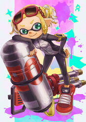  armband black_pants blonde_hair breasts cellphone closed_mouth commentary_request eyewear_on_head female full_body green_eyes highres hydra_splatling_(splatoon) inkling inkling_girl inkling_player_character legs_apart paint_splatter pants phone pointy_ears red-framed_eyewear red_footwear shoes short_hair single_vertical_stripe small_breasts smartphone smile solo splatoon_(series) splatoon_2 squid standing sunglasses suzuhiro tentacle_hair twintails zipper_pull_tab 