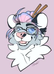  2019 ambiguous_gender anthro blue_eyes digital_media_(artwork) eyewear felid glasses hair leopard maddy mammal open_mouth pantherine pink_hair pink_nose seraphictiger simple_background smile solo teeth 