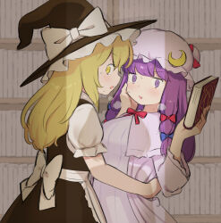  2girls absurdres after_kiss apron back_bow black_dress blonde_hair blunt_bangs blush book bookshelf bow bowtie caught crack_of_light crescent crescent_hat_ornament double_bun dress hair_bun hairbow hand_on_another's_face hat hat_ornament highres holding holding_book hug kirisame_marisa library long_hair looking_at_viewer meis_(terameisu) mob_cap multiple_girls multiple_hair_bows open_clothes open_robe patchouli_knowledge pink_dress puffy_short_sleeves puffy_sleeves purple_eyes purple_hair robe short_sleeves steam surprised sweat sweatdrop touhou upper_body walk-in white_apron witch_hat yellow_eyes yuri 
