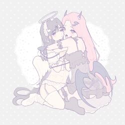  2girls alien_stage alternate_costume angel_and_devil artist_name black_hair black_socks black_wings coldmeow commentary demon_horns demon_wings frilled_hairband frills garter_straps hair_ornament hairband halo highres horns hug long_hair low_wings mizi_(alien_stage) multiple_girls oerba_yun_fang pink_hair purple_eyes shoes single_tear skin_fang socks sua_(alien_stage) thigh_strap very_long_hair white_hairband white_shoes white_wings wing_hair_ornament wings x_hair_ornament yellow_eyes 