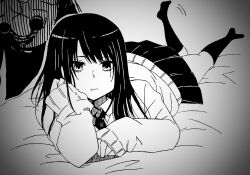  closed_mouth commentary_request female full_body ghost greyscale head_rest long_hair lying mieruko-chan monochrome on_bed sakura_man05 skirt sweater traditional_media yotsuya_miko 