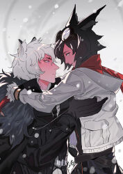  2boys 90fen5 animal_ears arknights black_cape black_coat black_gloves black_hair black_jacket black_necktie cape coat courier_(arknights) deer_boy deer_ears eye_contact fur_trim gloves goggles goggles_on_head grey_eyes hood hug jacket long_sleeves looking_at_another male_focus multiple_boys necktie red_gloves red_scarf scarf short_hair silverash_(arknights) snow snow_leopard_boy snow_leopard_ears snow_leopard_tail snowing tail upper_body white_hair white_jacket yaoi 