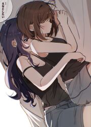  2girls asahina_mafuyu black_camisole brown_hair camisole closed_eyes closed_mouth commentary cuddling grey_shorts highres hug hug_from_behind long_hair multiple_girls project_sekai purple_eyes purple_hair shinonome_ena short_hair shorts sleeping speech_bubble thought_bubble touka127430 translation_request yuri 