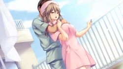  1boy absurdres akagi_mio boku_to_nurse_no_kenshuu_nisshi breasts buttons closed_mouth dutch_angle female game_asset hair_between_eyes half-closed_eyes hand_on_railing hand_up hat highres holding hug hug_from_behind large_breasts long_hair monety non-web_source nurse nurse_cap official_art open_mouth outdoors pants railing self-datamine shirosawa_takuya short_sleeves sidelocks standing thighhighs variant_set visual_novel_cg white_thighhighs 