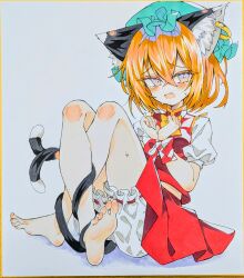  animal_ear_piercing animal_ears barefoot bloomers blush bound bound_wrists bow bowtie brown_hair cat_ears cat_tail chen commentary_request crossed_ankles female green_hat hair_between_eyes hat highres looking_at_viewer medium_hair mob_cap multiple_tails nekomata oerba_yun_fang open_mouth puffy_short_sleeves puffy_sleeves red_skirt red_vest seika_okawari shikishi short_sleeves skin_fang skirt solo tail toes touhou traditional_media two_tails vest white_bloomers yellow_bow yellow_bowtie 