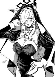  alternate_costume animal_ear_fluff animal_ears artist_name blue_archive blush breasts cleavage commentary_request cowboy_shot cross dog_ears dog_girl female garter_straps gennseki0725 greyscale hair_over_one_eye halo hand_up highres hug kanna_(blue_archive) large_breasts long_hair long_sleeves looking_at_viewer monochrome notched_ear nun open_mouth single_garter_strap solo standing sweatdrop teeth thighs white_background 