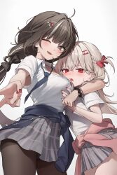  2girls absurdres ahoge black_hair black_scrunchie blue_cardigan blue_necktie blush bow braid breasts brown_pantyhose cardigan cardigan_around_waist clothes_around_waist commentary cowboy_shot danha double-parted_bangs ear_piercing earrings fingernails from_side grey_eyes grey_hair grey_skirt gyaru hair_intakes hair_ornament hairbow hairclip hand_on_another's_chest height_difference highres hug jewelry kogal large_breasts long_hair looking_at_viewer looking_to_the_side loose_necktie low-tied_long_hair miniskirt mole mole_under_eye multicolored_hair multiple_girls nail_art nail_polish necktie oerba_yun_fang one_eye_closed open_mouth original panties panties_under_pantyhose pantyhose pantyshot partially_unbuttoned piercing pink_cardigan plaid_clothes plaid_skirt red_bow red_eyes red_nails school_uniform scrunchie shirt simple_background skirt smile standing streaked_hair stud_earrings turning_head underwear white_background white_shirt wrist_scrunchie 