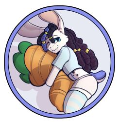  absurd_res anthro carrot clothing dreadlocks femboy food hi_res hug hugging_object hugging_pillow icon lagomorph legwear leporid logo long_stockings male male/male mammal pillow plant rabbit scarth scarth_bonnie solo star star_tattoo stockings tail tattoo tender vegetable 