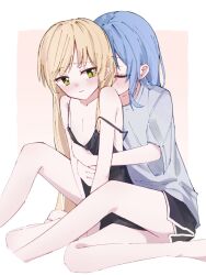  2girls alternate_costume black_chemise black_shorts blonde_hair blue_hair blush chemise dolphin_shorts green_eyes grey_shirt highres hug mahou_shoujo_no_majo_saiban multiple_girls nekobanana_(m23453456) shirt shorts simple_background single_off_shoulder tachibana_sherry tono_hanna two-tone_background yuri 