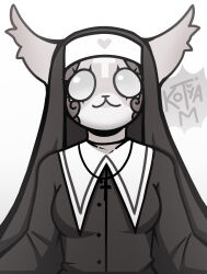  anthro clothing domestic_cat felid feline felis female fur hi_res kotyam mammal marshmallow_(mewgenics) mewgenics multicolored_body multicolored_fur nun nun_habit nun_outfit religious_clothing solo two_tone_body two_tone_fur white_eyes 