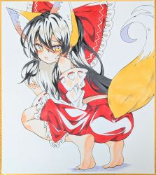  animal_ear_fluff animal_ears ass barefoot black_hair blush bow commentary_request detached_sleeves feet female fox_ears fox_girl fox_tail frilled_bow frilled_hair_tubes frilled_skirt frills hair_tubes hairbow hakurei_reimu highres kemonomimi_mode long_hair looking_at_viewer open_mouth red_bow red_skirt ribbon-trimmed_sleeves ribbon_trim seika_okawari shikishi skirt skirt_set soles solo squatting sweat tail tiptoes touhou traditional_media yellow_eyes 