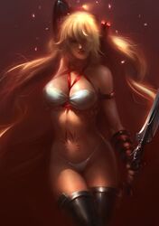  agnidevi ayumi ayumi_(x-blades) bare_shoulders blonde_hair breasts dark-skinned_female dark_skin dual_wield dual_wielding female female_only gloves gunblade hair human markings panties realistic solo tattoo thong tied_hair tri_tails twintails underwear weapon x-blades 