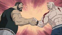  2boys abs alex_louis_armstrong animated animated anime_screenshot bald beard black_hair blood facial_hair fullmetal_alchemist handlebar_mustache handshake male_focus manly moustache multiple_boys muscular muscular_male non-web_source shirt sig_curtis sleeveless sleeveless_shirt sparkle topless_male wristband 