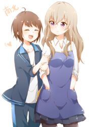  2girls :d ^_^ ahoge apron arm_hug bafarin blonde_hair brown_hair closed_eyes collarbone commentary_request earrings gym_shirt gym_teacher hands_in_pockets highres jacket jewelry kitamiya_hatsumi minamino_tsubasa multiple_girls open_clothes open_jacket open_mouth pants pantyhose purple_eyes shirt short_hair skirt smile teacher track_jacket track_pants v-shaped_eyebrows yuru_yuri 