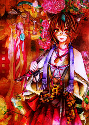  animal_ears arrow_(projectile) brown_hair commentary_request daruma_doll female flower futatsuiwa_mamizou gem glasses hakama hakama_skirt highres japanese_clothes jewelry kido_(choushouya) leaf leaf_on_head necklace obi painting_(medium) pearl_(gemstone) raccoon_ears red_hakama ribbon sash short_hair skirt smile snake tassel touhou traditional_media watercolor_(medium) yellow_eyes 