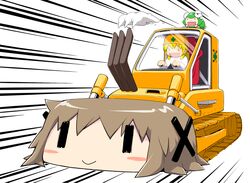  bulldozer commentary_request female ground_vehicle helmet hidamari_sketch kamaboko_gohan machinery miyako_(hidamari_sketch) motor_vehicle objectification speed_lines ume-sensei vehicalization what wide_face yuno_(hidamari_sketch) |_| 